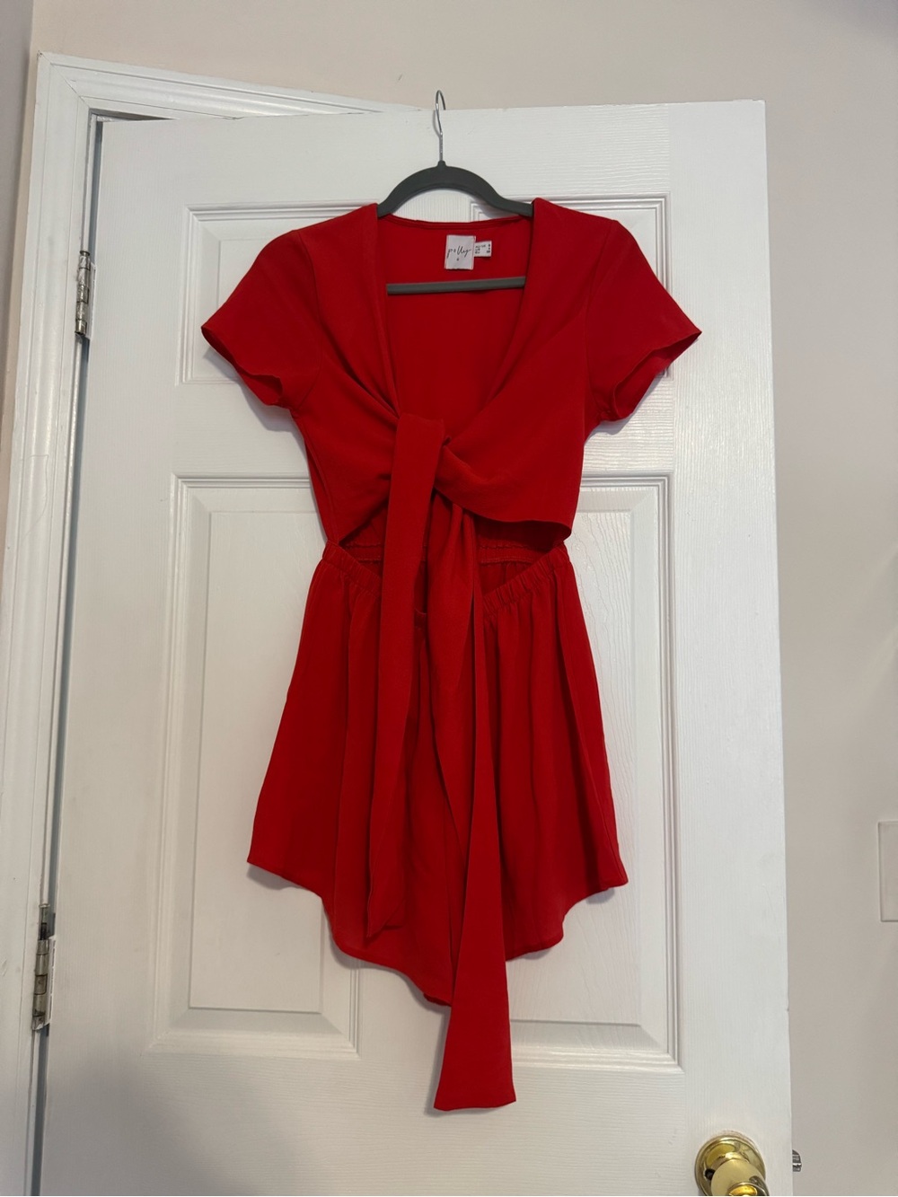 Red Short-Sleeve Tie-Front Romper